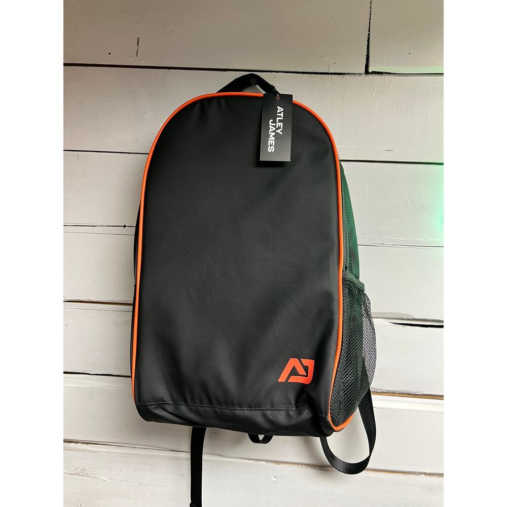 Black and Orange Atley James two compartment backpack